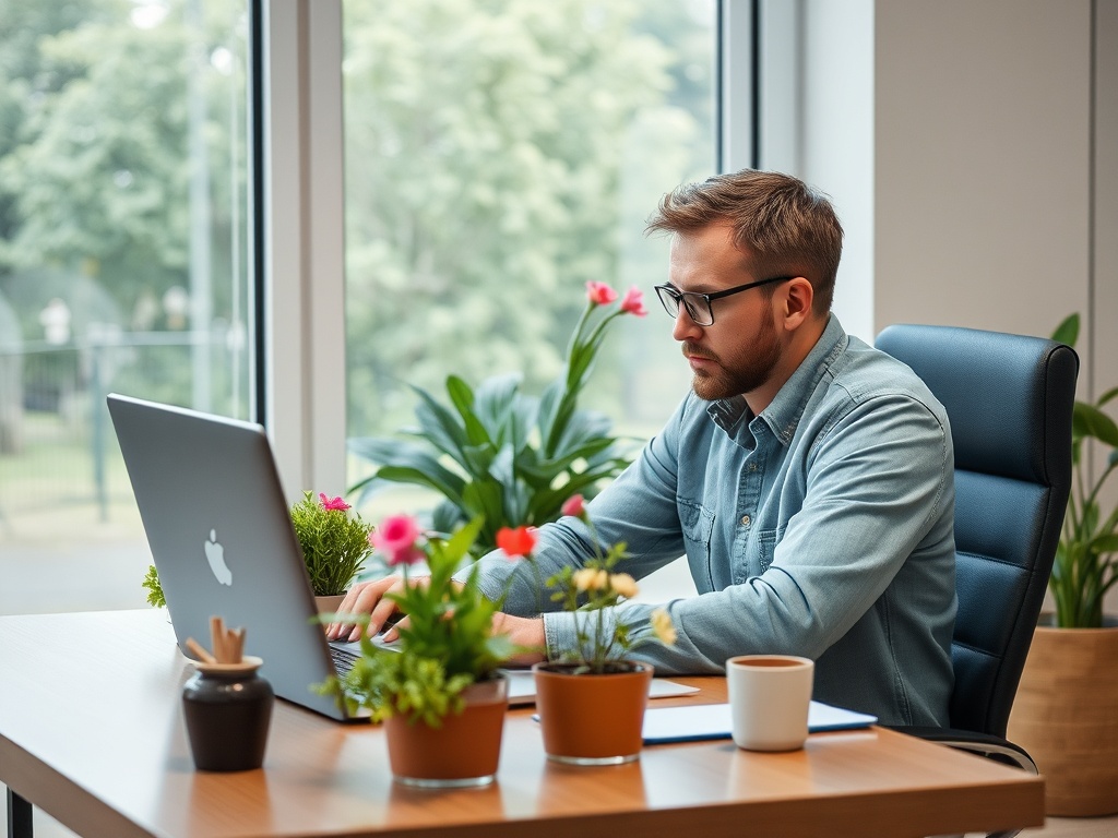 Молодой человек в офисе работает за ноутбуком, вокруг него цветы в горшках и уютная атмосфера.