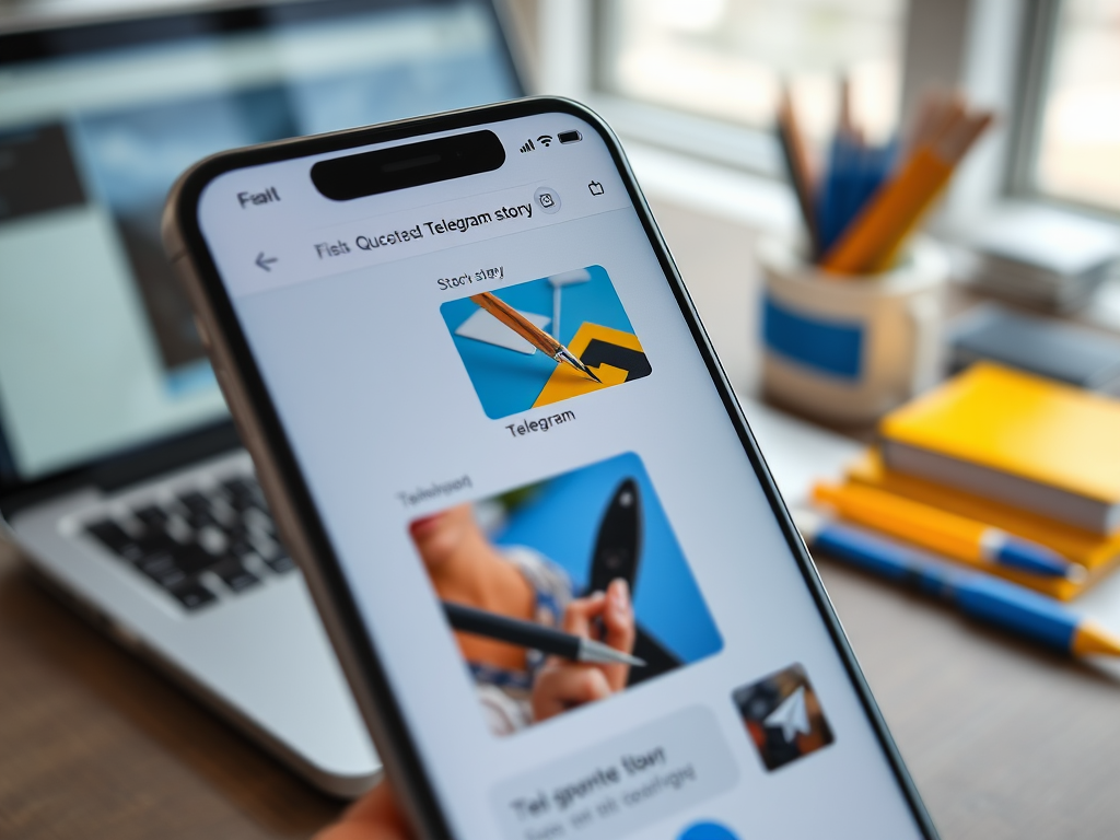 На экране телефона открыта история в Telegram с изображением карандаша и логотипа мессенджера.