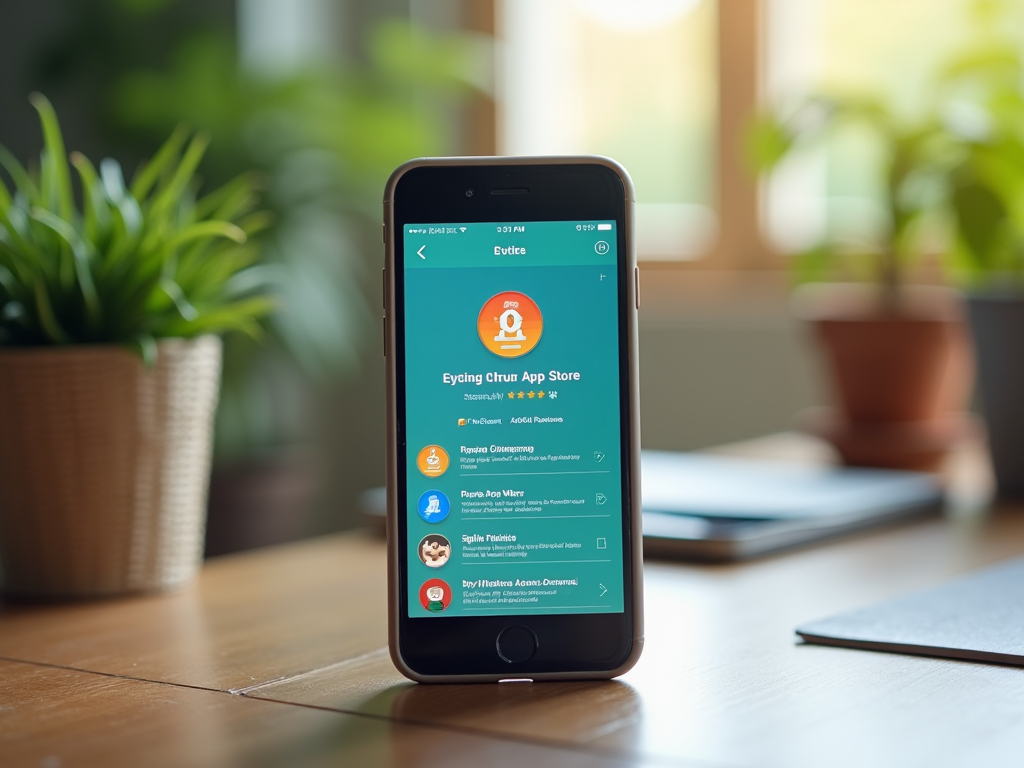 Смартфон на столе с открытым приложением "Eying Crump App Store" на экране в окружении зелёных растений.