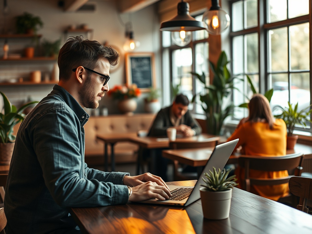 Молодой человек работает за ноутбуком в кафе, окружают растения и другие посетители. Листает информацию.