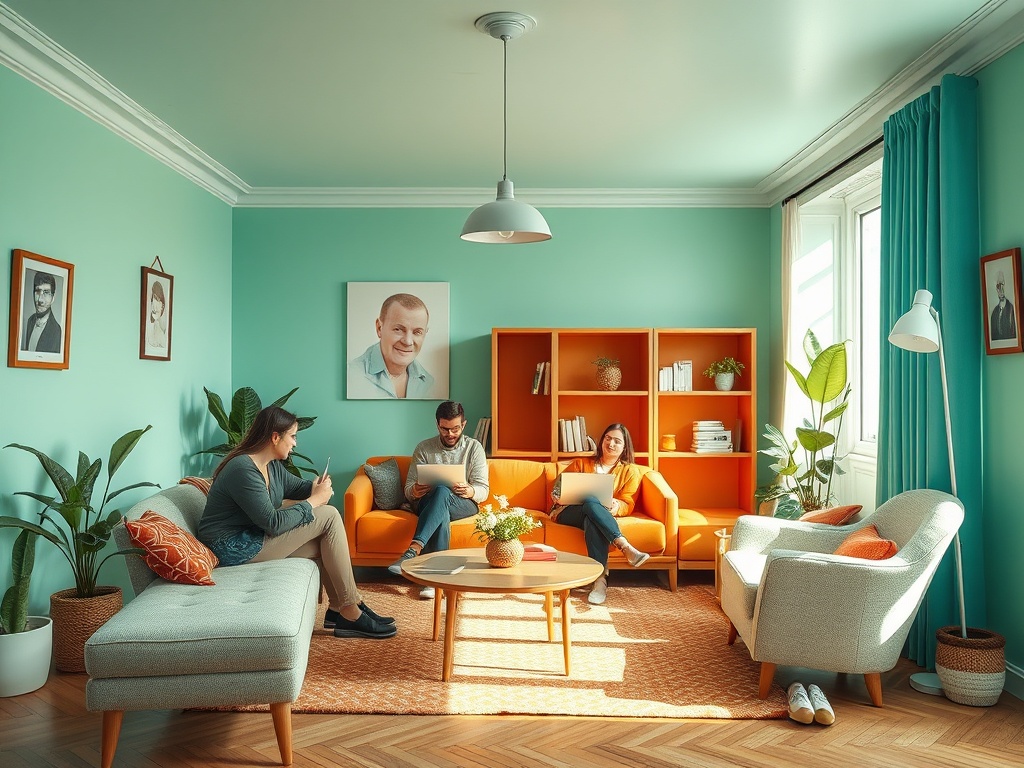 Современная светлая гостиная с уютной мебелью и зелеными растениями, люди проводят время вместе.