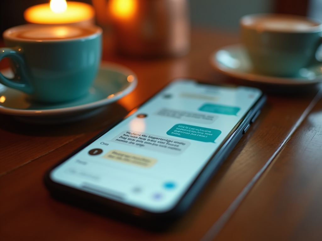 Смартфон с открытым чатом на экране на столе между двумя чашками кофе.