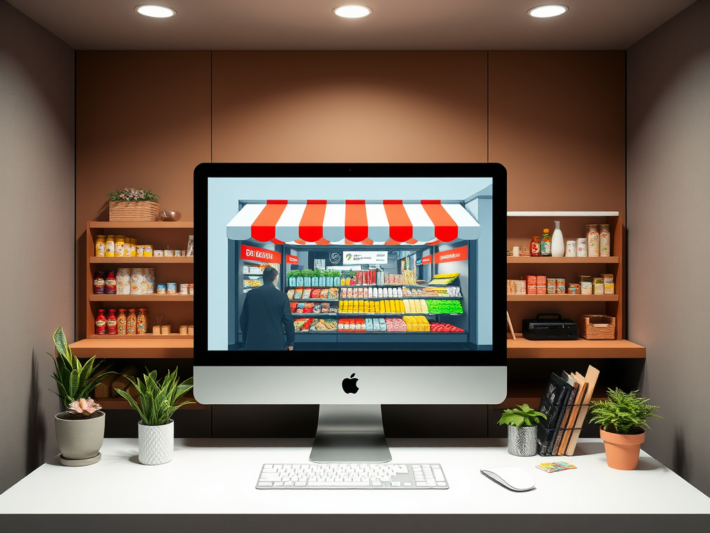 На экране iMac изображен рынок с овощами и фруктами, на столе – товары для дома и растения.