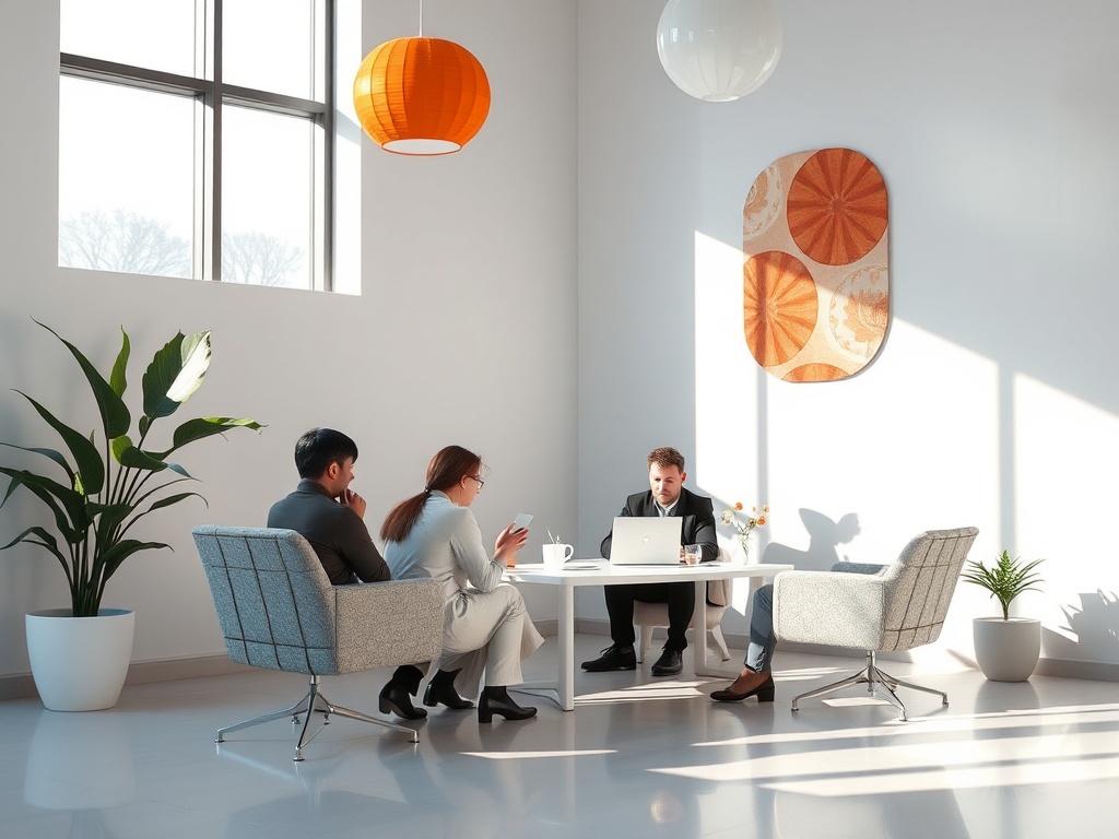 В современном офисе три человека обсуждают идеи за столом, один работает на ноутбуке. Светло и уютно.