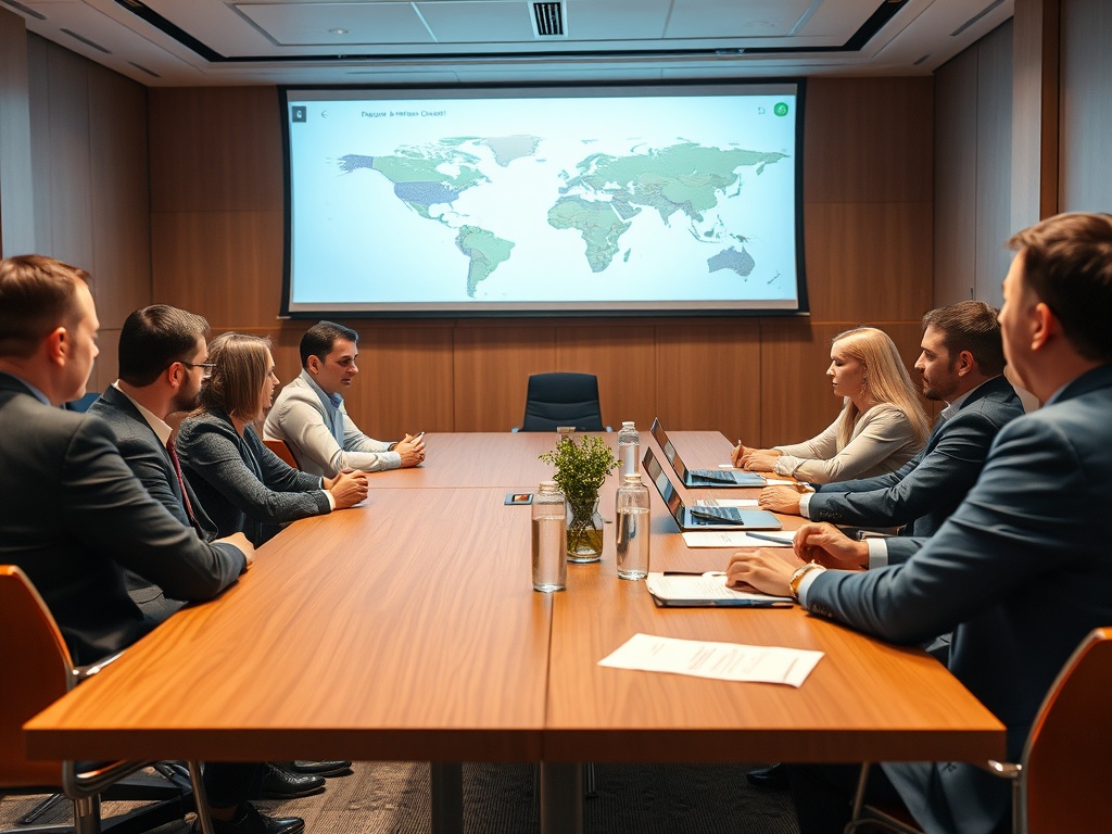На собрании обсуждают карту мира, вокруг стола сидят участники, работают на ноутбуках.