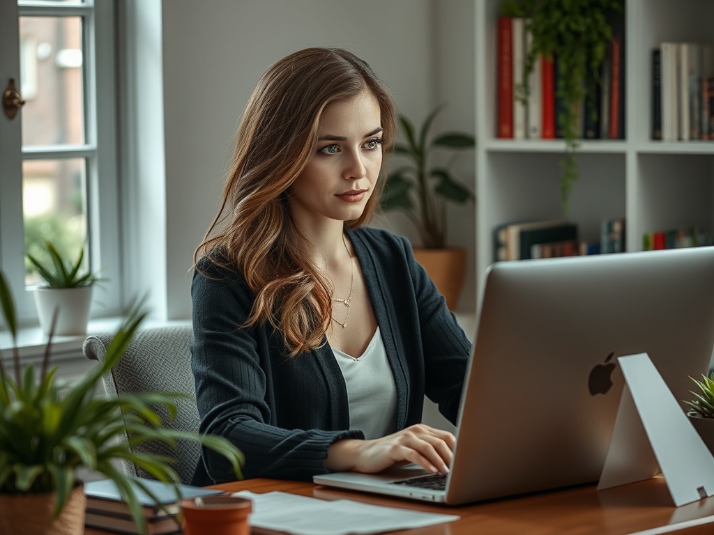 Умная женщина работает за столом с ноутбуком, окружённая растениями и книгами в уютном офисе.