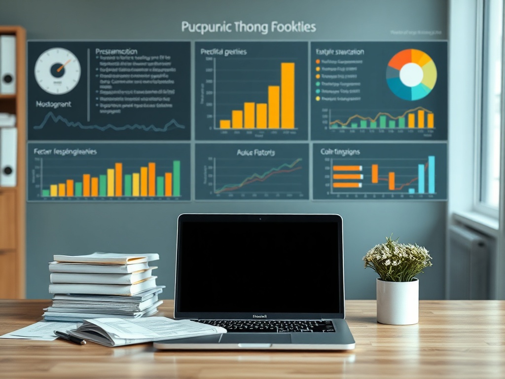 Стол с открытым ноутбуком, стопкой бумаг и цветочным горшком; на стене графики и диаграммы.