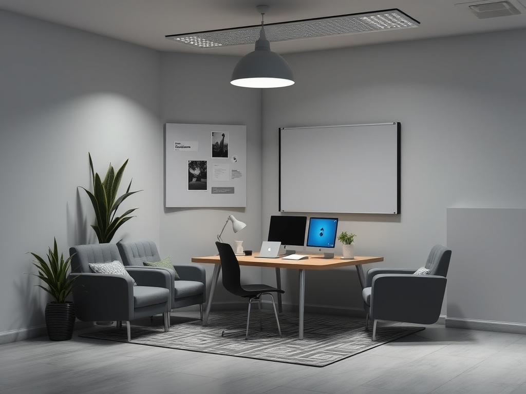 Современный офис с мебелью, рабочим столом, компьютерами и растениями. Мягкое освещение и стильный дизайн.